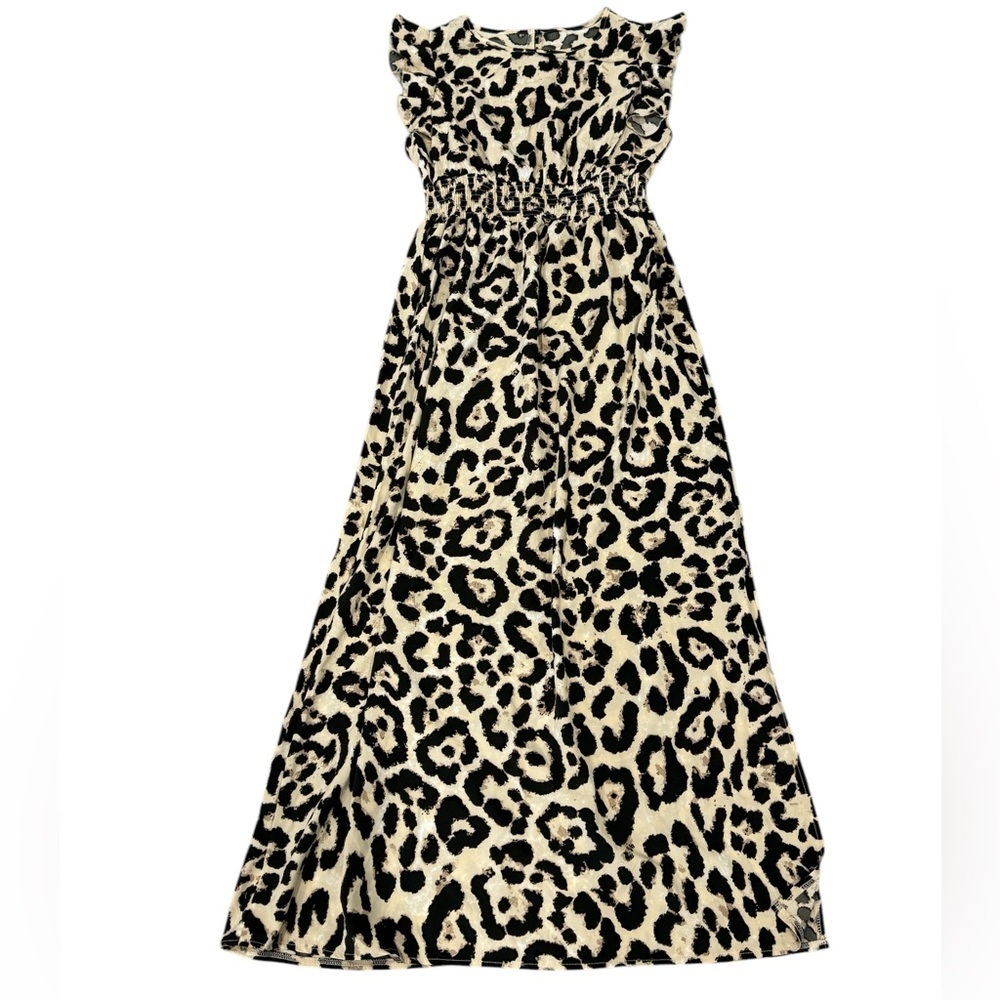 Women’s Animal Print Leopard Black Tan Maxi Long Ruffle Sleeve Dress Medium - Picture 4 of 8